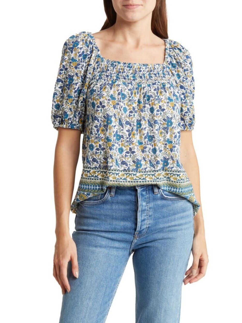 Lucky Brand Smocked Square Neck Puff Sleeve Top Large #A4533